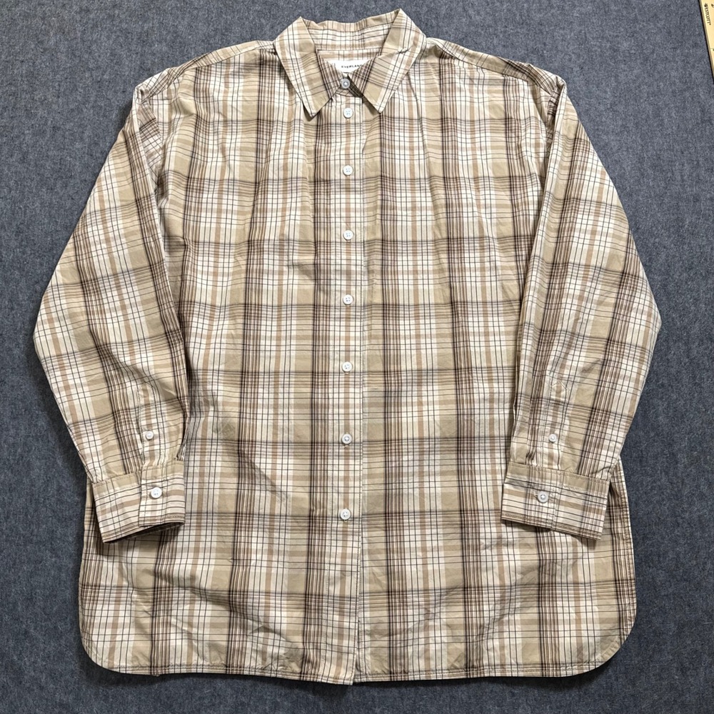 Everlane Supima Cotton Boyfriend Shirt Tan Brown Plaid Button Down Size M